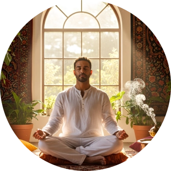 A man sitting with legs crossed in calm room - Meditating
