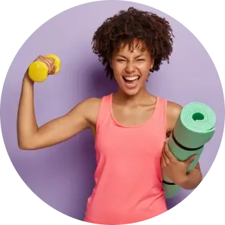 Young woman in a pink tank top holding a yoga mat and dumb-bell, symbolizing the energy-boosting practices of the Shakti Kriya course