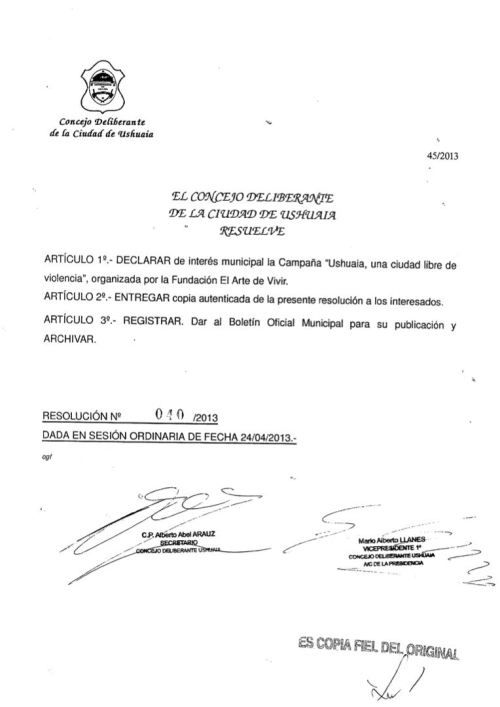 Declaración de Interés Municipal Ushuaia Sin Violencia