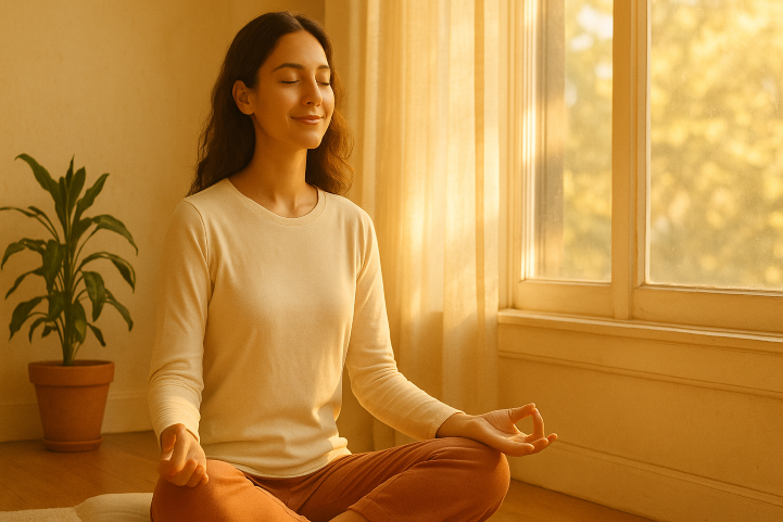 Person practicing SKY Breath Meditation in morning light for focus and calm