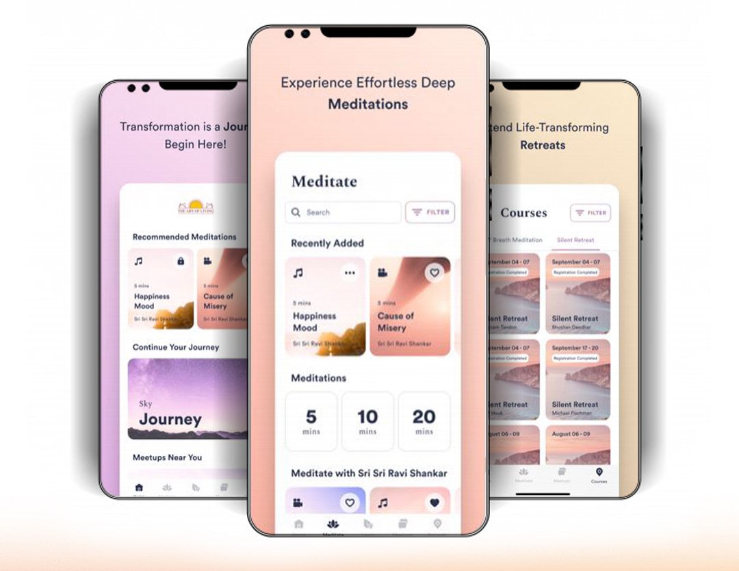 Three cell phones with images from the Art of Living Journey app depicting a great self-care gift.