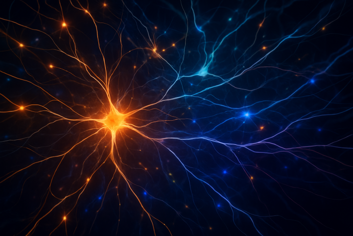 Artistic rendering of neural pathways glowing to represent meditation-induced neuroplasticity.